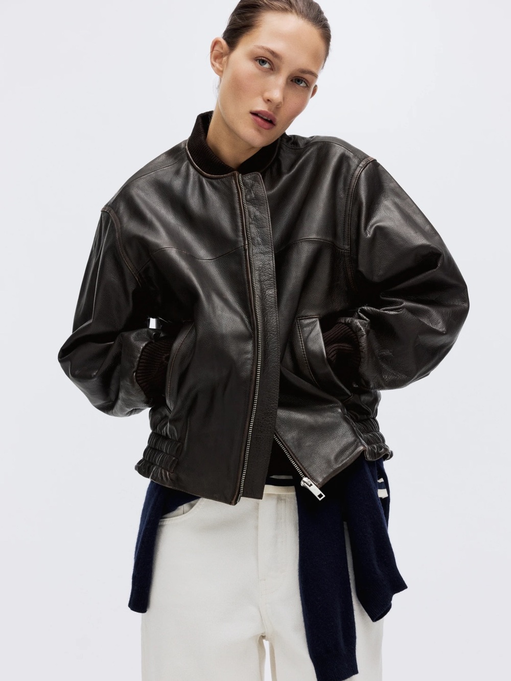 H&M Black Leather Bomber Jacket with Ribbed Trim